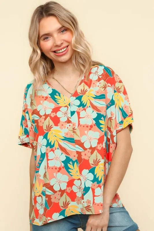 Haptics V Neck Drop Shoulder Hawaiian Woven Top for Summer - Love Salve 