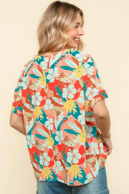 Haptics V Neck Drop Shoulder Hawaiian Woven Top for Summer - Love Salve 