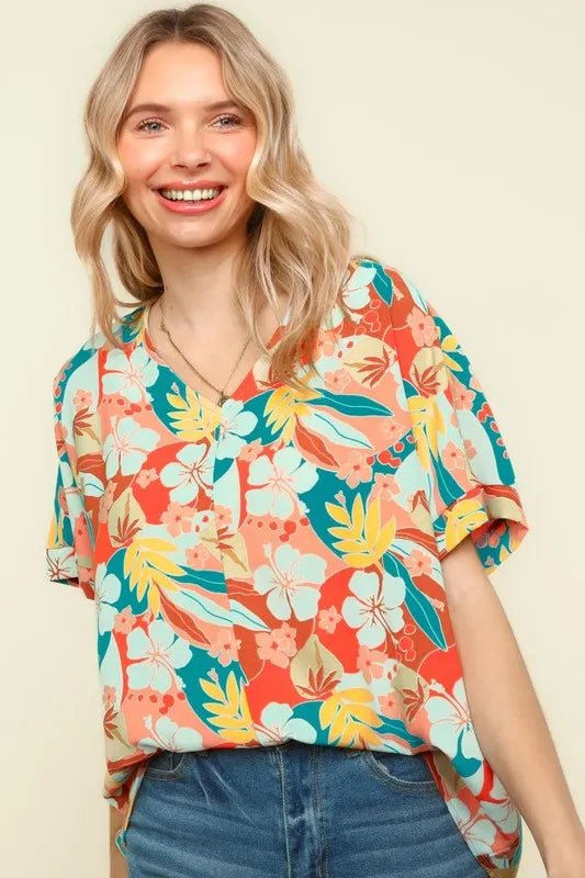 Haptics V Neck Drop Shoulder Hawaiian Woven Top for Summer - Love Salve 