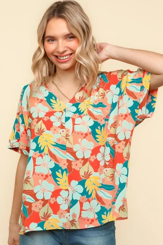 Haptics V Neck Drop Shoulder Hawaiian Woven Top for Summer - Love Salve 