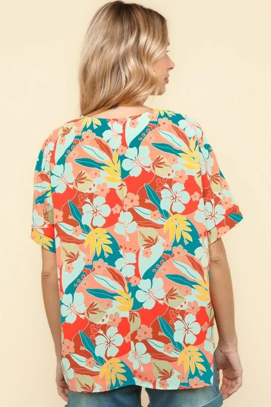 Haptics V Neck Drop Shoulder Hawaiian Woven Top for Summer - Love Salve 