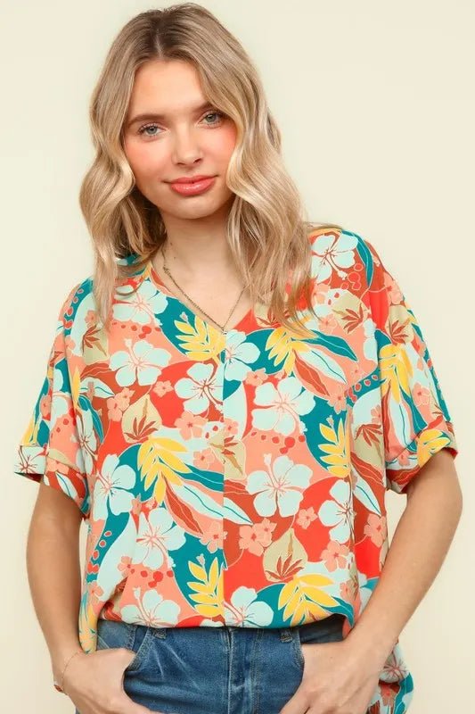 Haptics V Neck Drop Shoulder Hawaiian Woven Top for Summer - Love Salve 