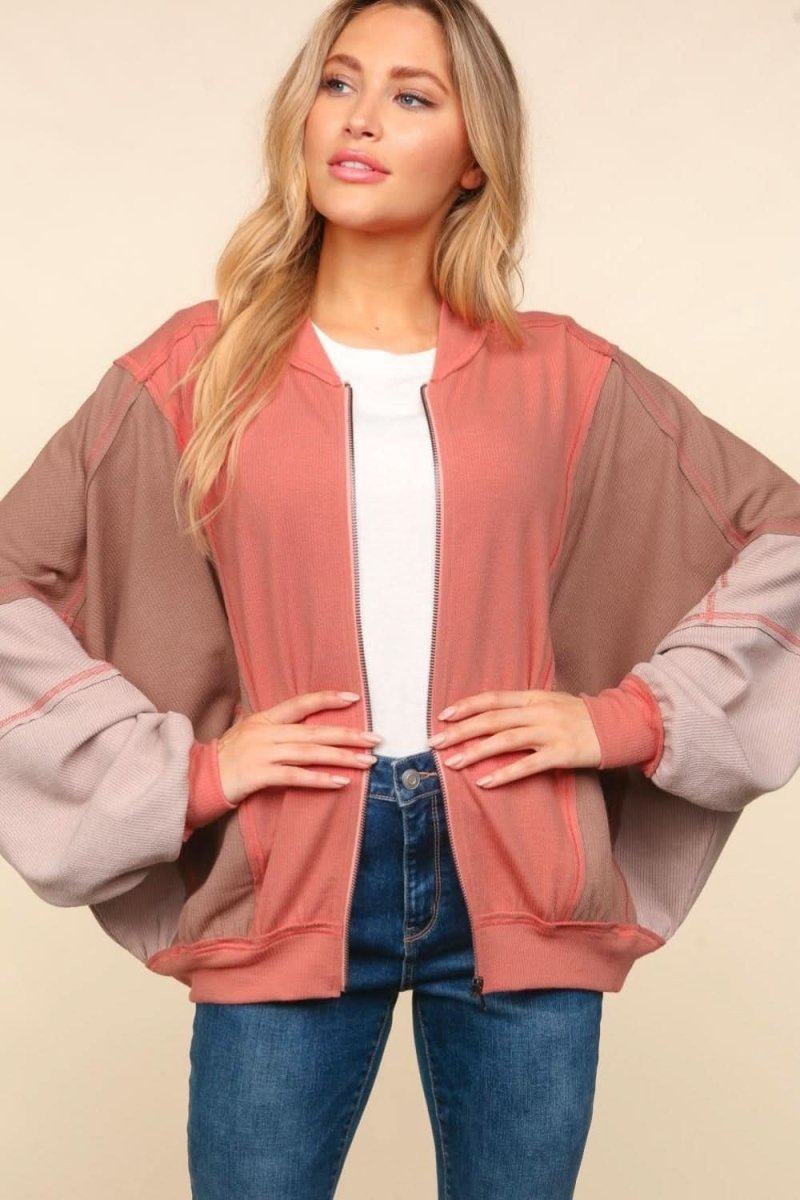 Haptics Zip Up Color Block Bomber Jacket with Side Pockets - Love Salve 