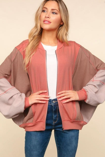 Haptics Zip Up Color Block Bomber Jacket with Side Pockets - Love Salve 