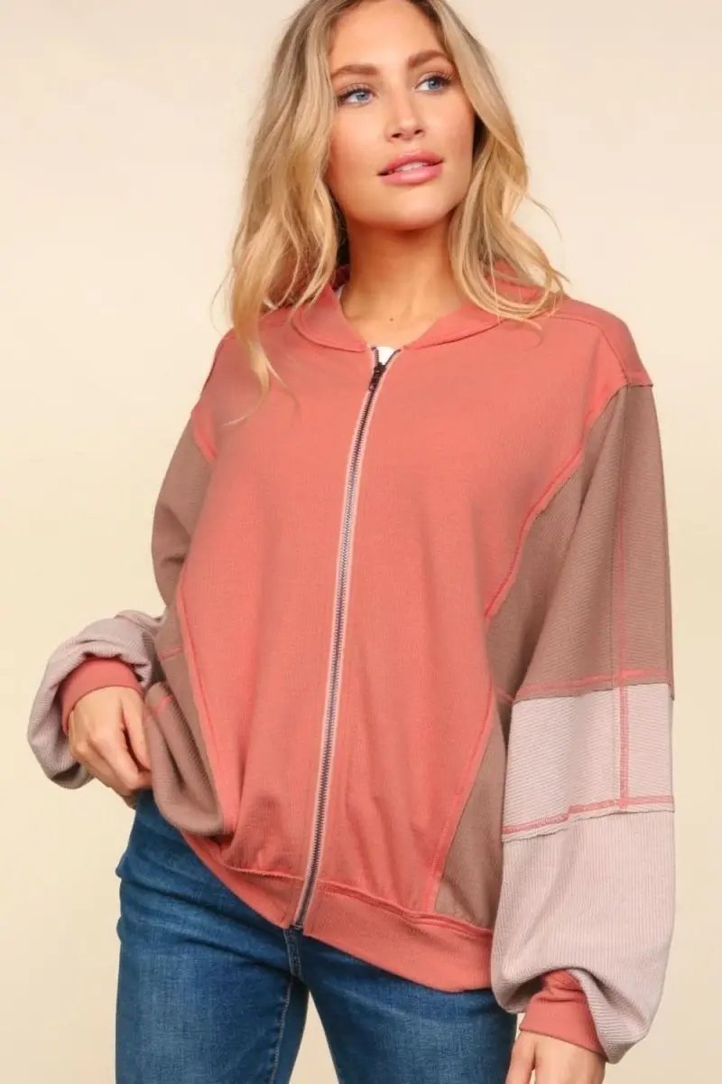 Haptics Zip Up Color Block Bomber Jacket with Side Pockets - Love Salve 