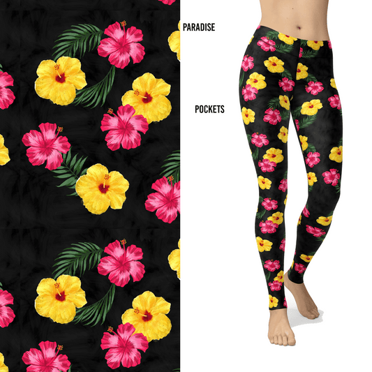 Paradise Hawaiian Hibiscus Pink Yellow Leggings with Pockets MM