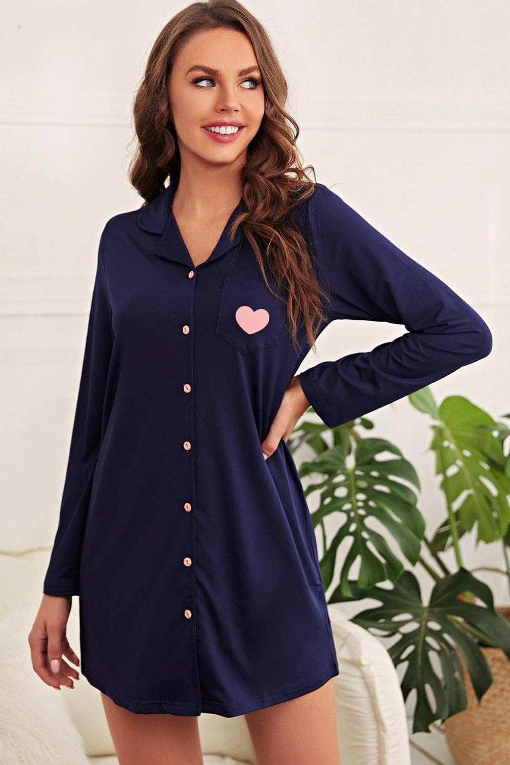 Heart Graphic Lapel Collar Night Shirt Dress - Love Salve