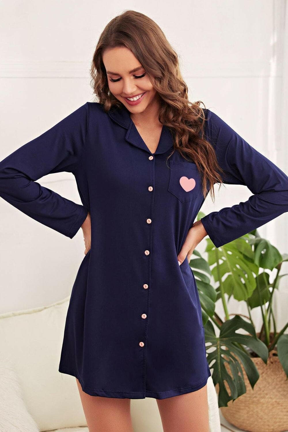 Heart Graphic Lapel Collar Night Shirt Dress - Love Salve