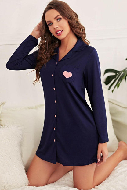 Heart Graphic Lapel Collar Night Shirt Dress - Love Salve