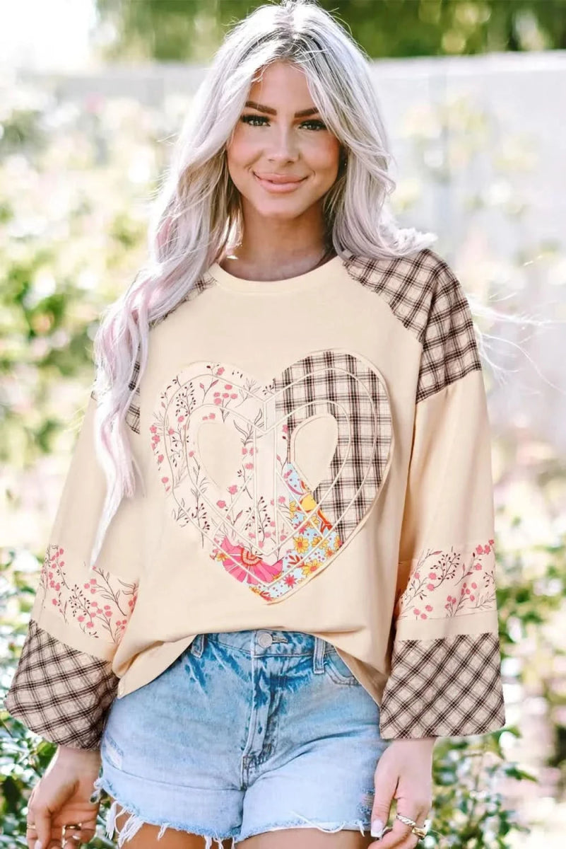 Heart Plaid Round Neck Long Sleeve Blouse - Love Salve 
