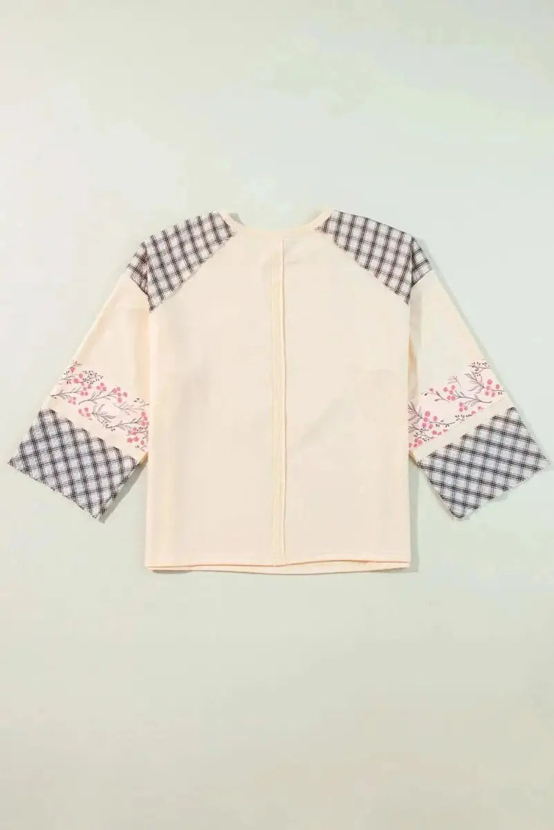 Heart Plaid Round Neck Long Sleeve Blouse - Love Salve 