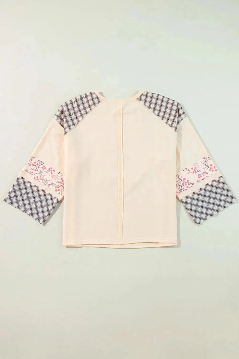 Heart Plaid Round Neck Long Sleeve Blouse - Love Salve 