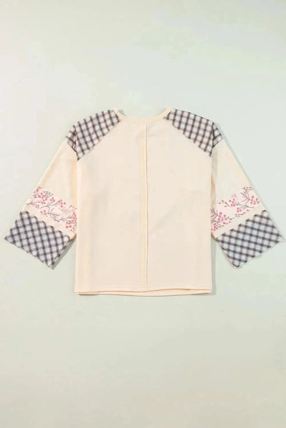 Heart Plaid Round Neck Long Sleeve Blouse - Love Salve 