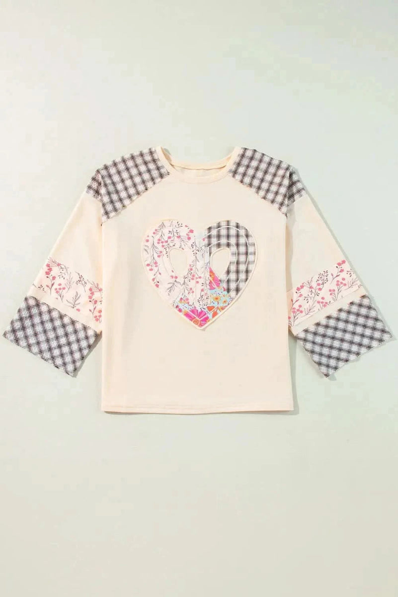 Heart Plaid Round Neck Long Sleeve Blouse - Love Salve 