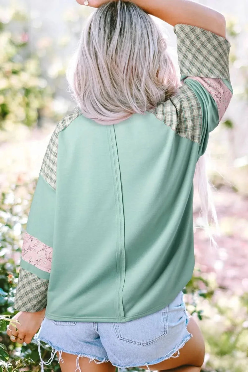 Heart Plaid Round Neck Long Sleeve Blouse - Love Salve 
