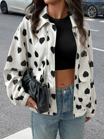 Heart Print Zip Up Jacket - Love Salve