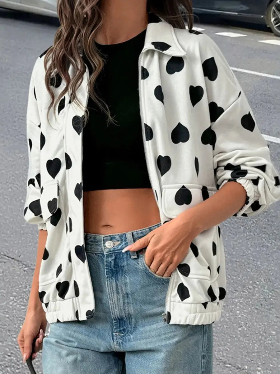 Heart Print Zip Up Jacket - Love Salve