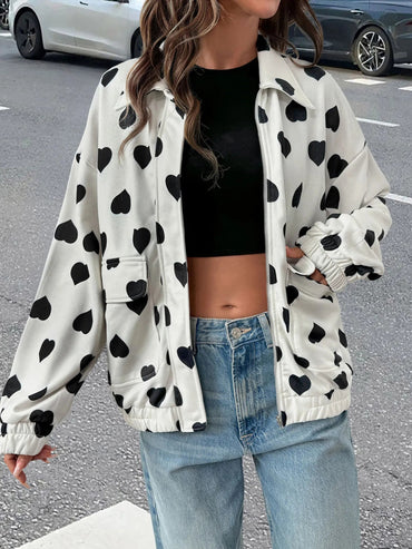 Heart Print Zip Up Jacket - Love Salve