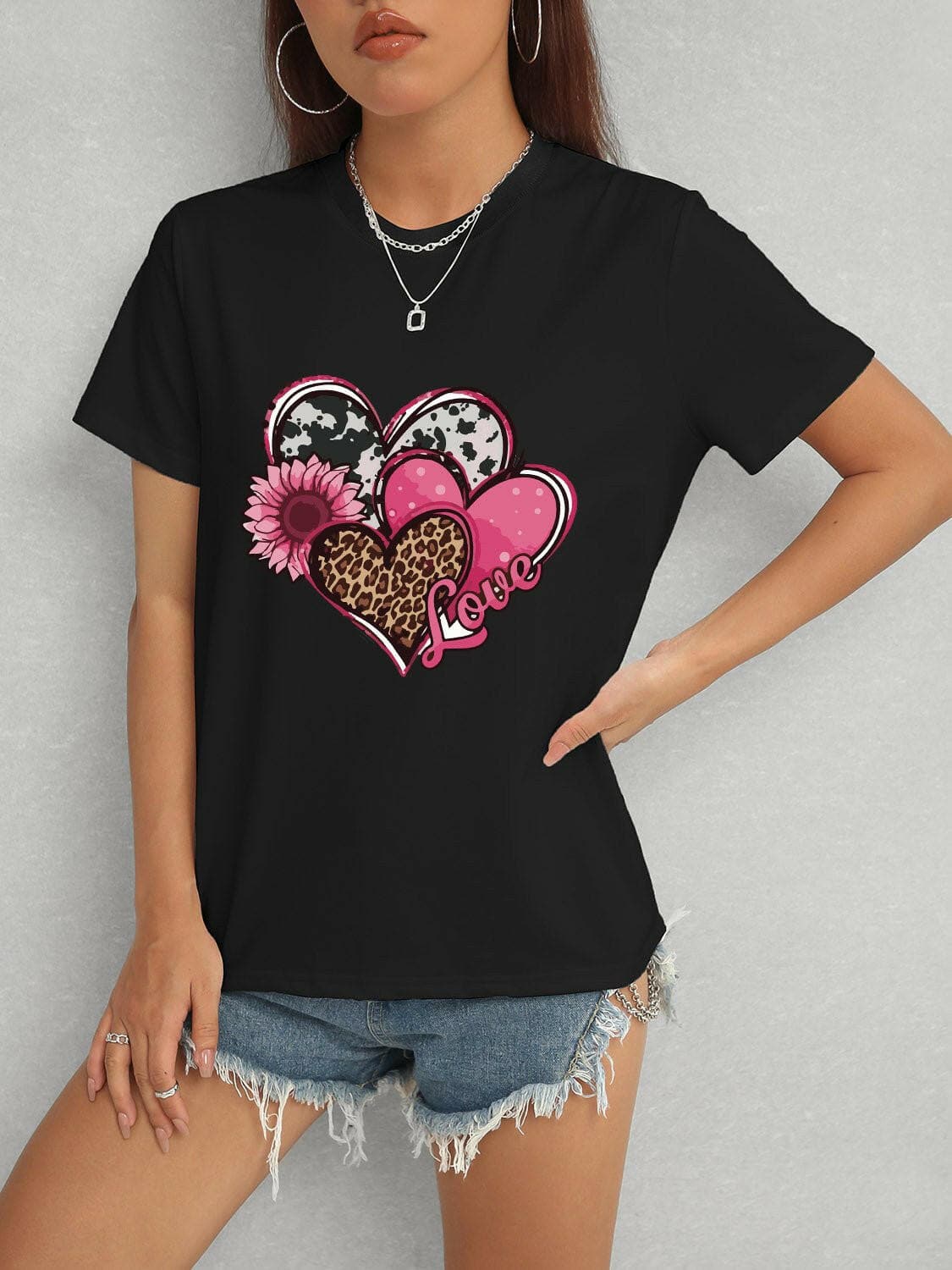 Heart Round Neck Short Sleeve T-Shirt - Love Salve