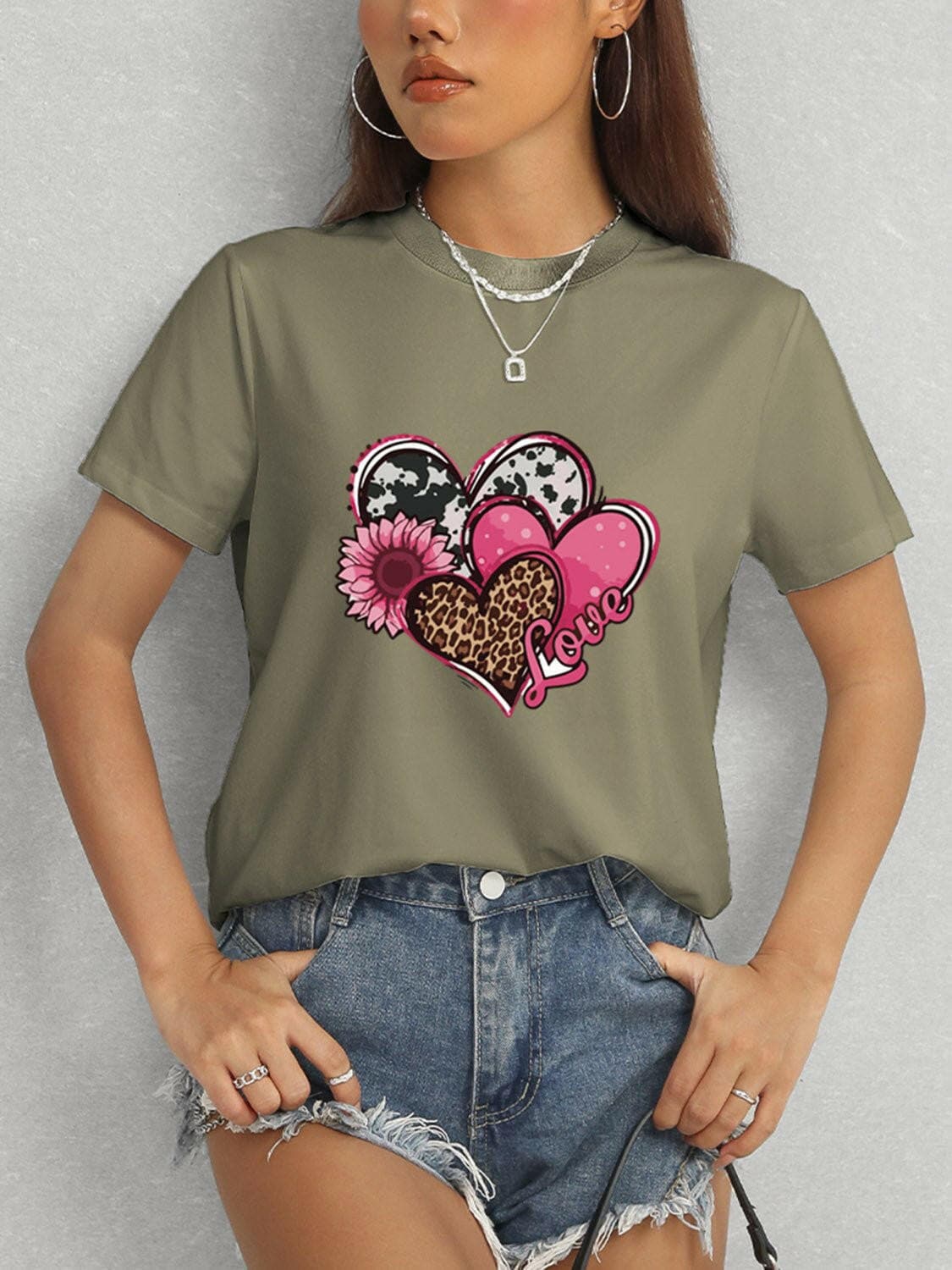 Heart Round Neck Short Sleeve T-Shirt - Love Salve