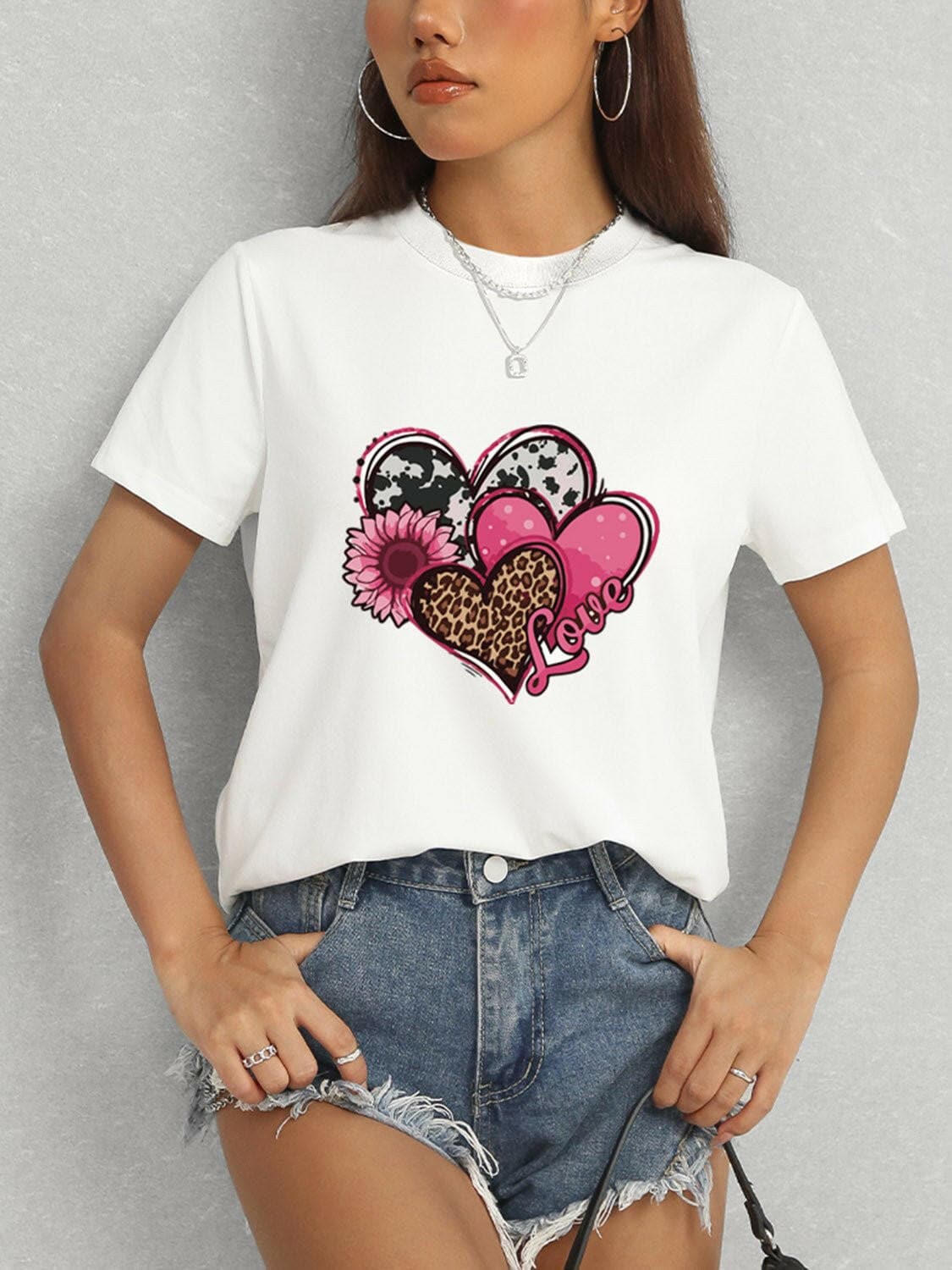 Heart Round Neck Short Sleeve T-Shirt - Love Salve