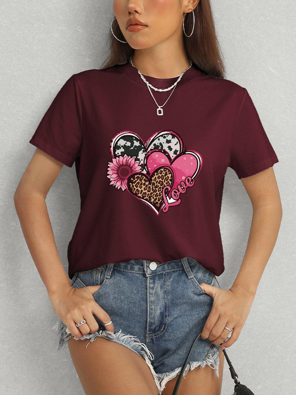 Heart Round Neck Short Sleeve T-Shirt - Love Salve