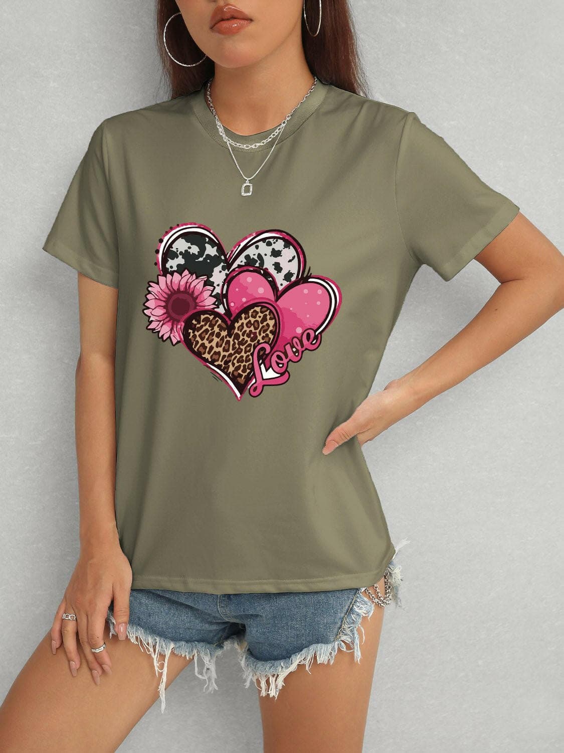 Heart Round Neck Short Sleeve T-Shirt - Love Salve