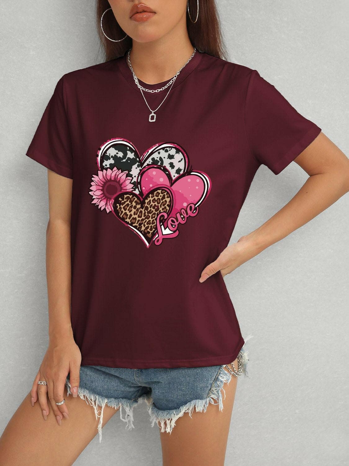 Heart Round Neck Short Sleeve T-Shirt - Love Salve