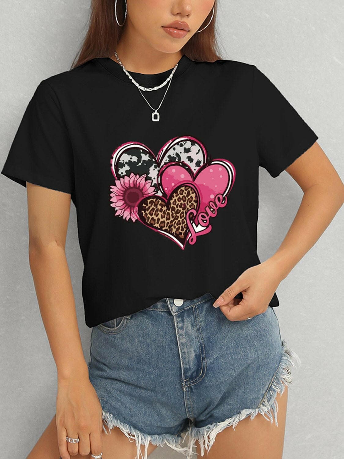 Heart Round Neck Short Sleeve T-Shirt - Love Salve