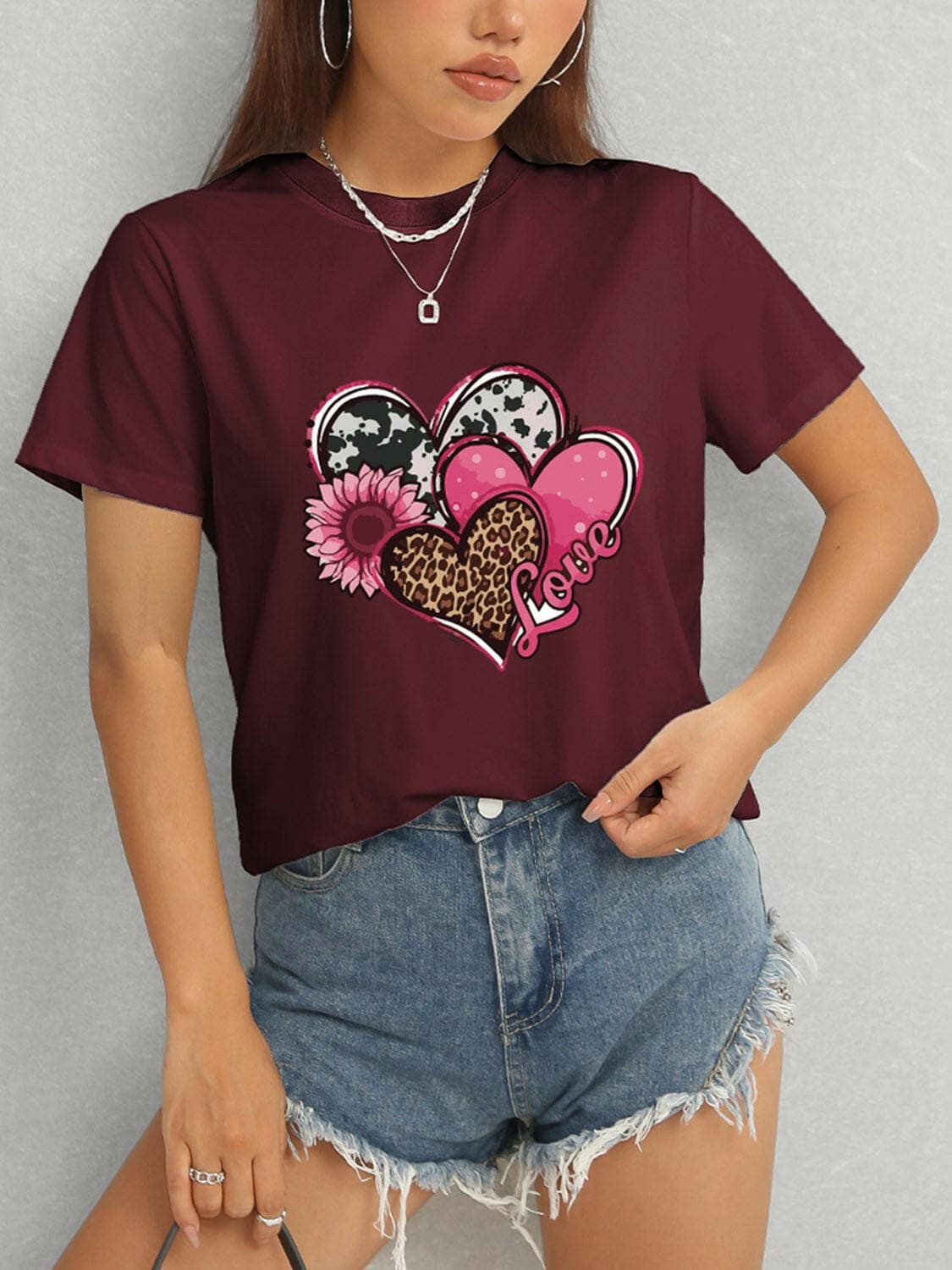 Heart Round Neck Short Sleeve T-Shirt - Love Salve