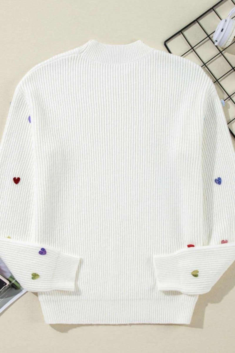 Heart Sequin Round Neck Long Sleeve Sweater - Love Salve 