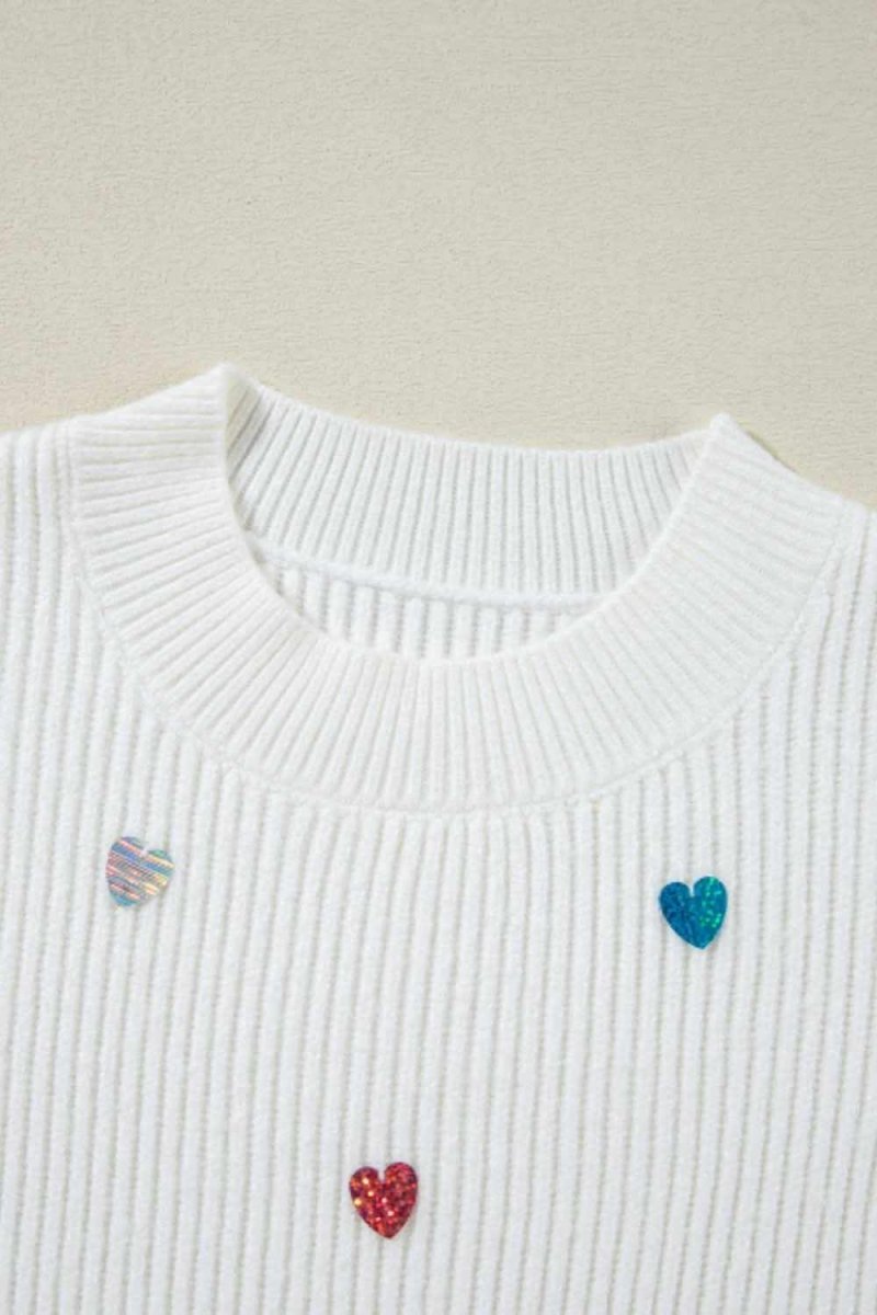 Heart Sequin Round Neck Long Sleeve Sweater - Love Salve 