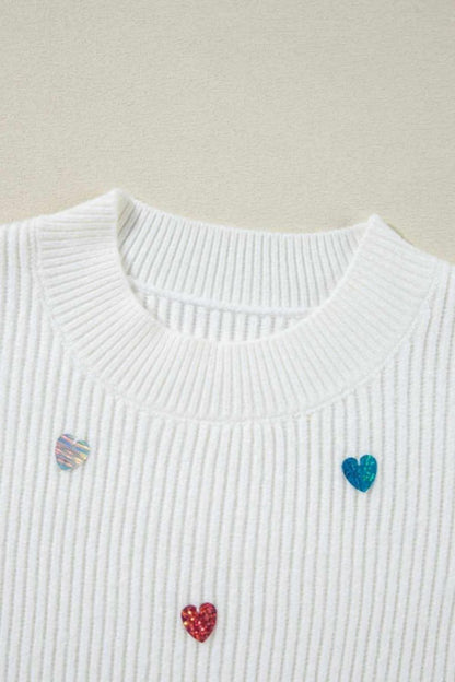 Heart Sequin Round Neck Long Sleeve Sweater - Love Salve 