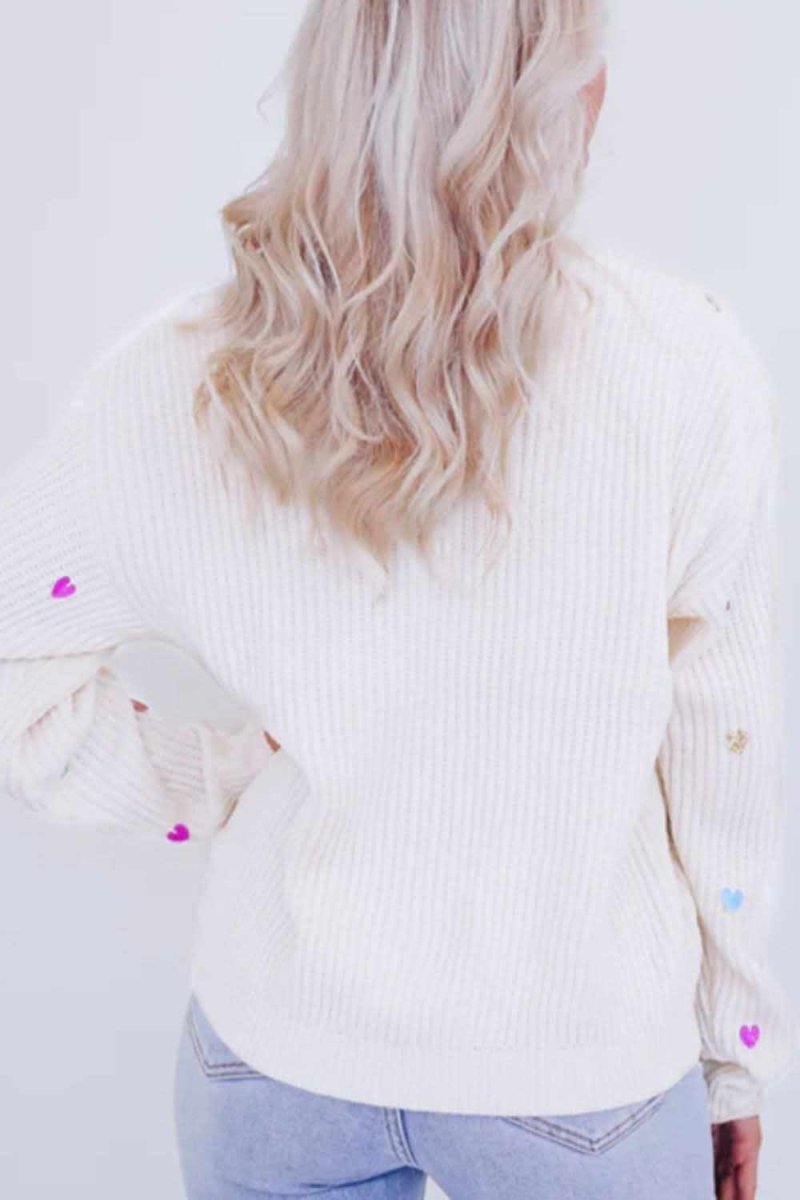 Heart Sequin Round Neck Long Sleeve Sweater - Love Salve 