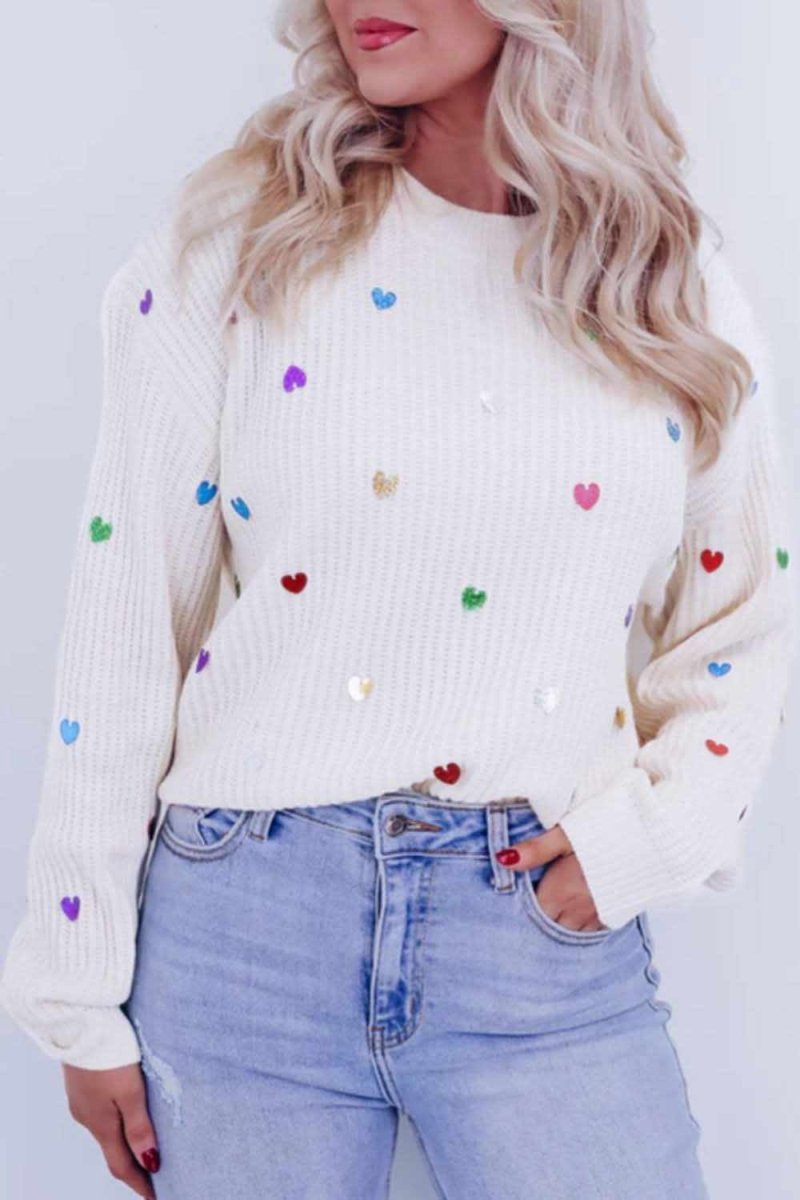 Heart Sequin Round Neck Long Sleeve Sweater - Love Salve 