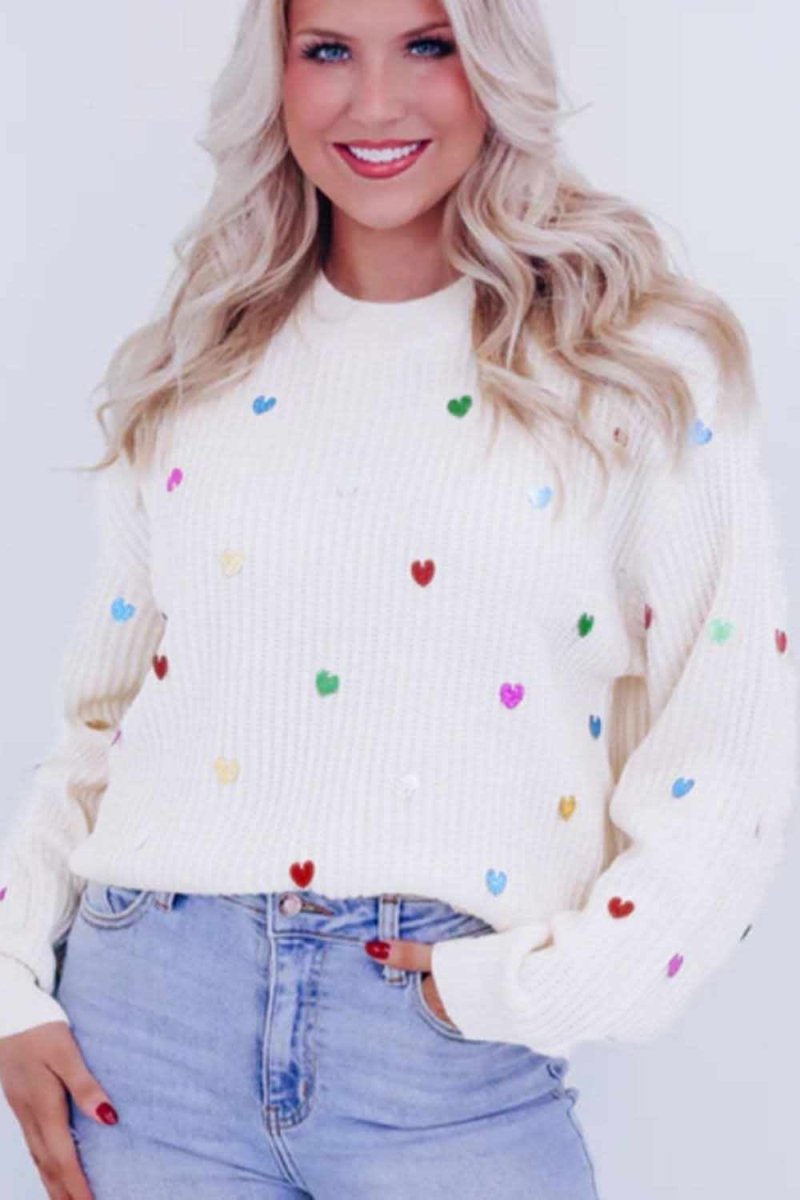 Heart Sequin Round Neck Long Sleeve Sweater - Love Salve 
