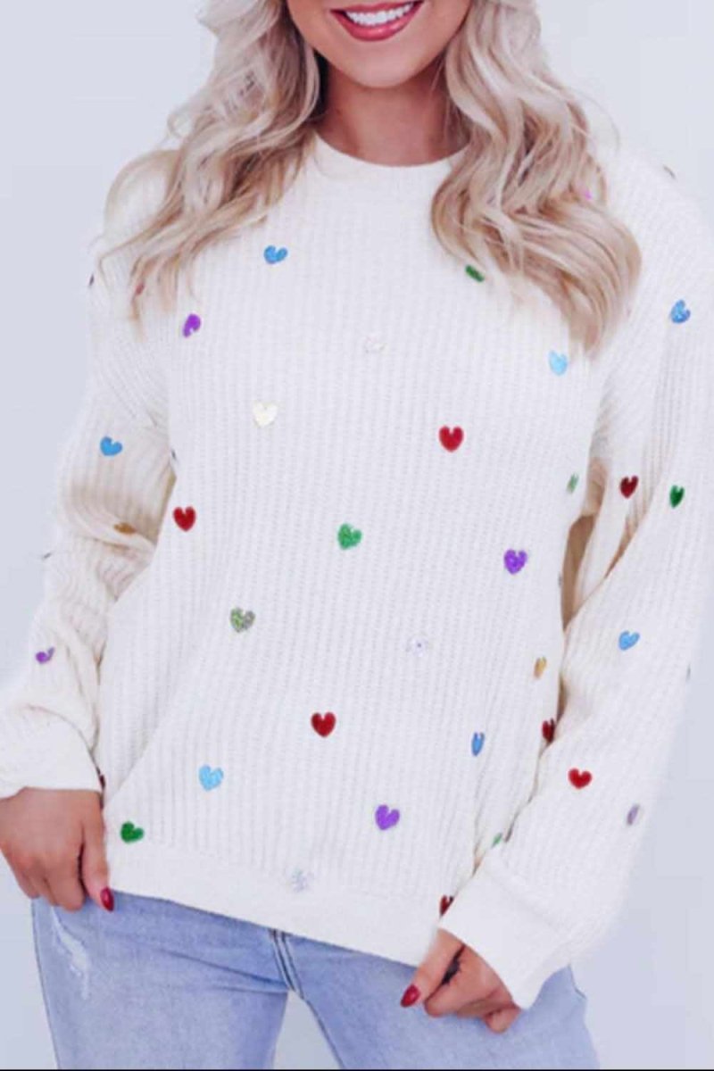 Heart Sequin Round Neck Long Sleeve Sweater - Love Salve 