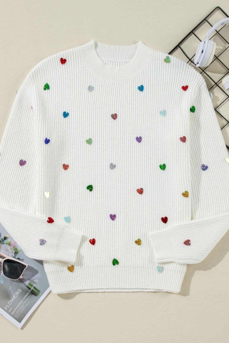 Heart Sequin Round Neck Long Sleeve Sweater - Love Salve 