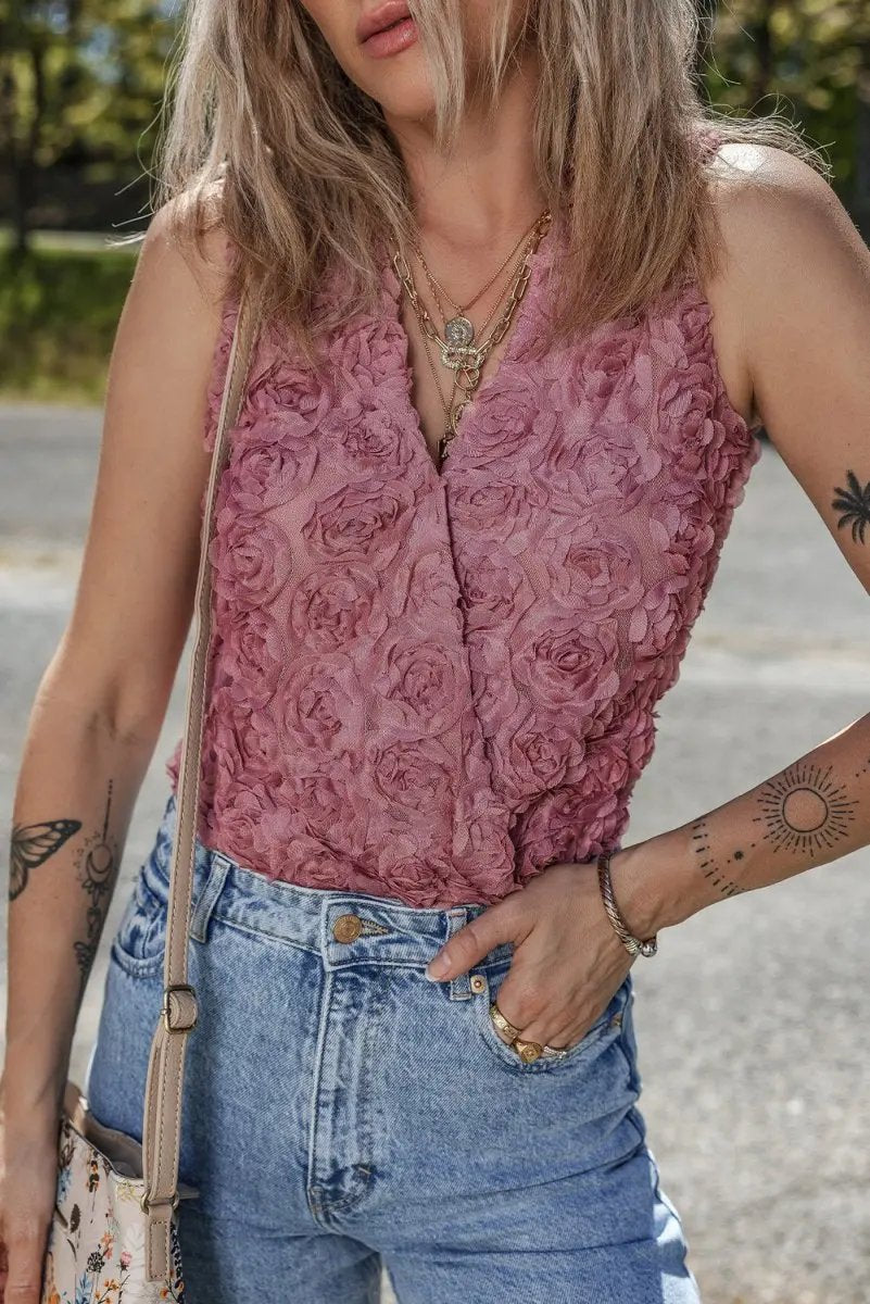 Heather Floral Textured V Neck Wrapped Sleeveless Bodysuit - Love Salve 