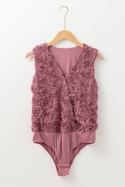 Heather Floral Textured V Neck Wrapped Sleeveless Bodysuit - Love Salve 