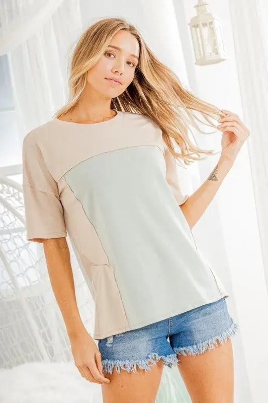 Heimish Full Size Contrast Round Neck Short Sleeve T-Shirt Plus Size - Love Salve 