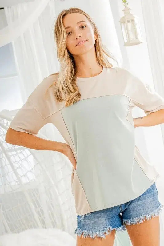 Heimish Full Size Contrast Round Neck Short Sleeve T-Shirt Plus Size - Love Salve 