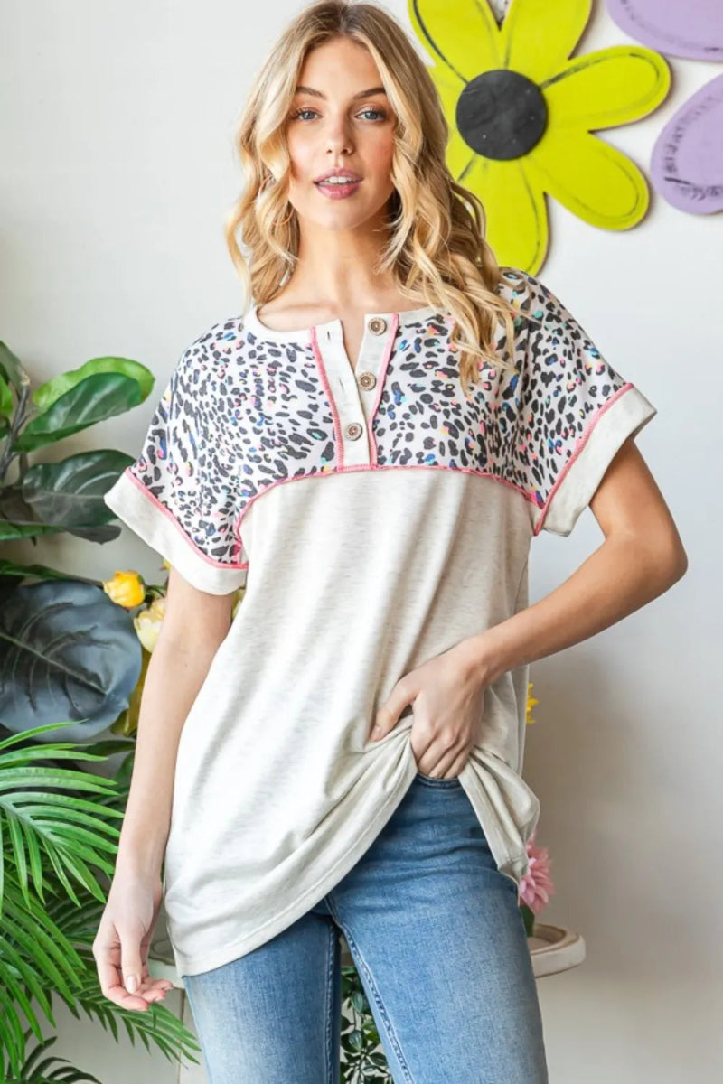 Heimish Full Size Exposed Seam Leopard Short Sleeve T-Shirt - Love Salve 