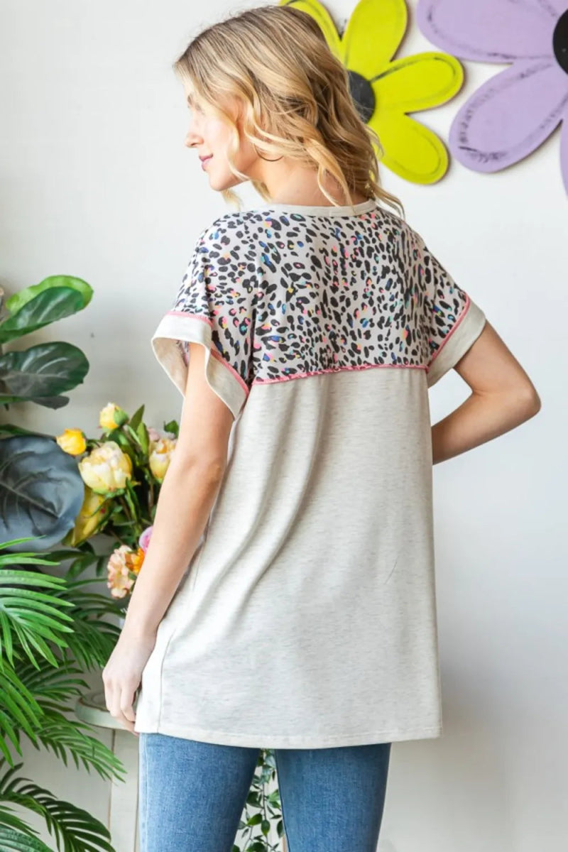 Heimish Full Size Exposed Seam Leopard Short Sleeve T-Shirt - Love Salve 