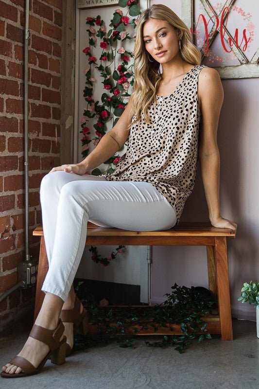 Heimish Full Size Front Button Animal Print Sleeveless Top Plus Size - Love Salve 