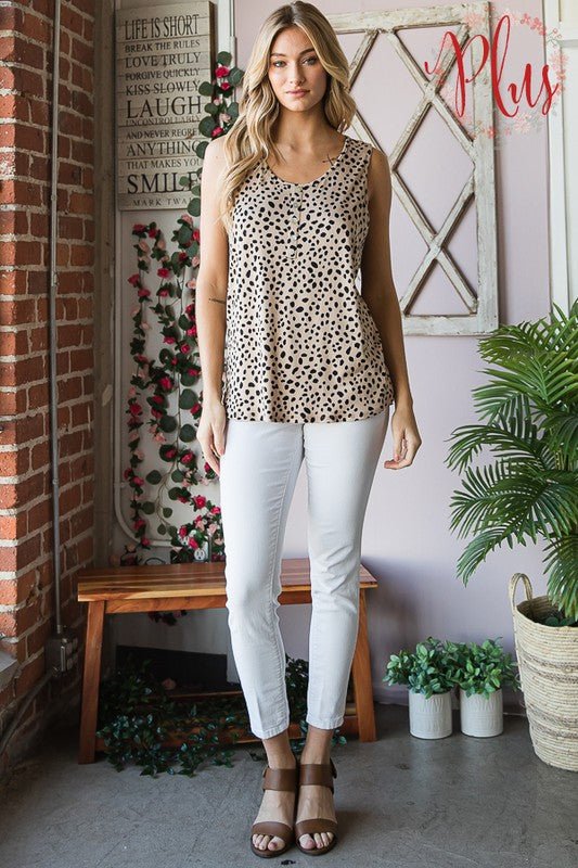 Heimish Full Size Front Button Animal Print Sleeveless Top Plus Size - Love Salve 