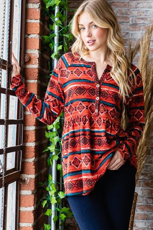 Heimish Full Size Geometric Button Detail Long Sleeve Top - Love Salve
