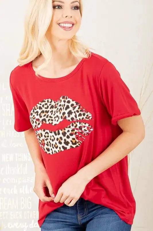 Heimish Full Size Leopard Lip Round Neck T-Shirt Plus Size - Love Salve 