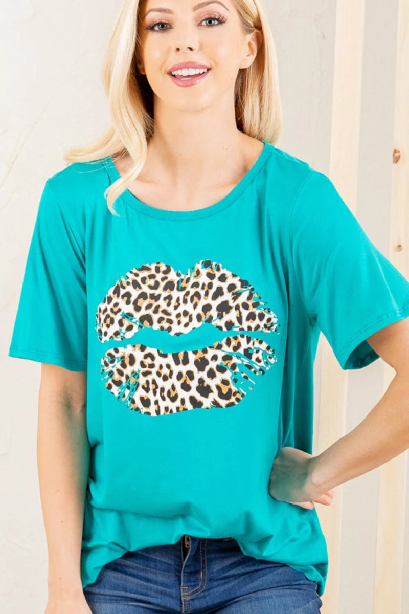 Heimish Full Size Leopard Lip Round Neck T-Shirt Plus Size - Love Salve 
