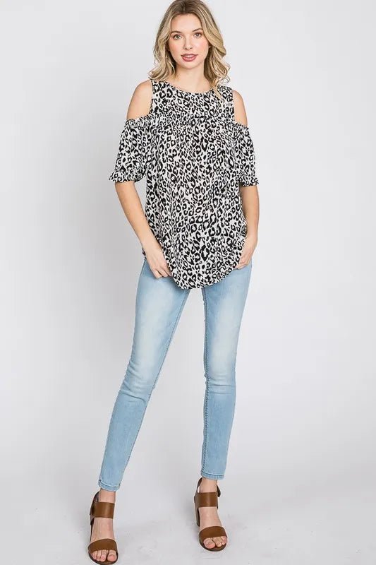 Heimish Full Size Leopard Round Neck Cold Shoulder T-Shirt Plus Size - Love Salve 
